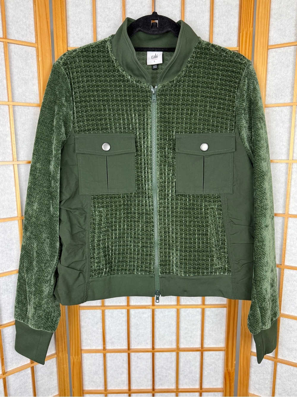 CAbi Touring Mixed Media Bomber Jacket Olive Green Style 4679 Size L